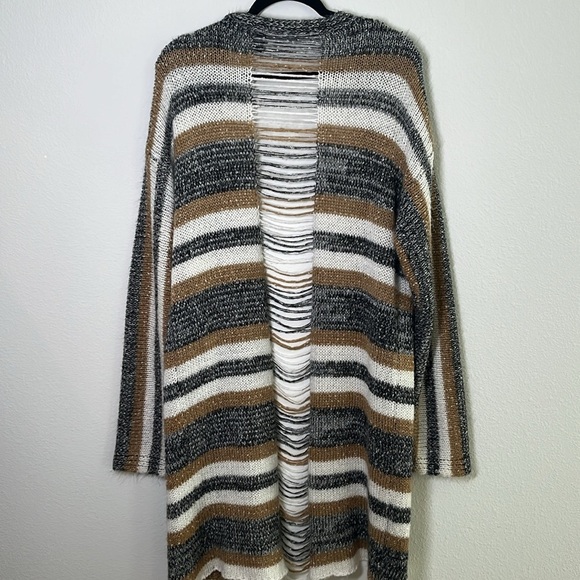 Daytrip Shredded Back Knit Cardigan Size Large Striped Longline Duster - Picture 8 of 9